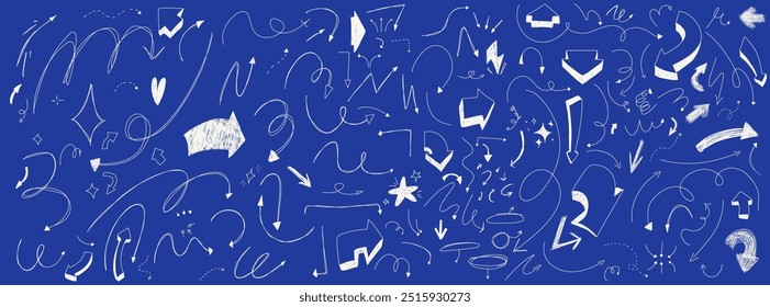 Set of handdrawn scribble arrows. Squiggly line strokes. Pen doodle elements. Infographic decoraring set. Collection of vector chalk guides. White at the blue background. 