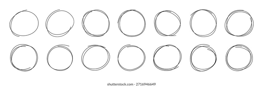 Set of hand-drawn scribble circles in an abstract, minimalist style. Messy round line shapes are perfect for modern graphic design, branding, presentations and social media posts. Vector illustration