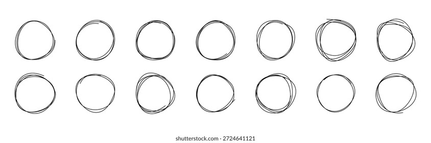 Set of hand-drawn scribble circles in an abstract, minimalist style. Messy round line shapes are perfect for modern graphic design, branding, presentations and social media posts. Vector illustration