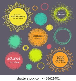 Set of hand-drawn scribble circles and decorative frames for you. Vector illustration
