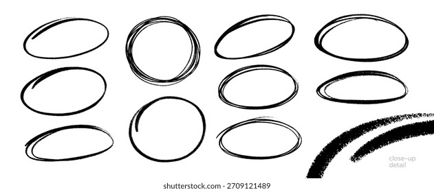 Set of hand-drawn scribble circles and ovals. Vector collection of grunge frames with a rough pencil or charcoal texture. Isolated design elements for highlighting.