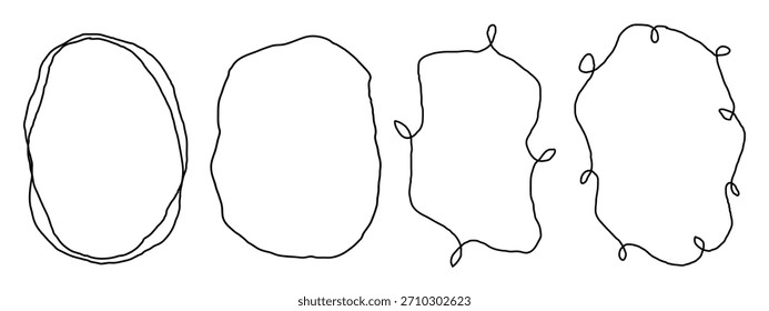 Conjunto de marcos de línea ovalados y en bucle de estilo garabato dibujados a mano adecuados para diseños creativos, acentos de ilustración y usos de Diseño gráfico.