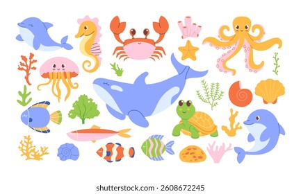 Set of hand-drawn sea animals, fish, seaweed