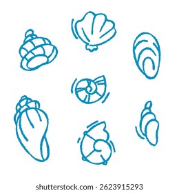 Set of hand-drawn sea shell outlines. Vector illustrations featuring various shell types in a clean, minimalist style. Perfect for marine, beach, and coastal designs.

