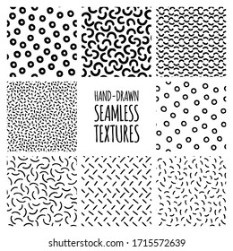Set of hand-drawn seamless black and white textures with dots, circles, semicircles, lines and dashed strokes. Vector repeat patterns.