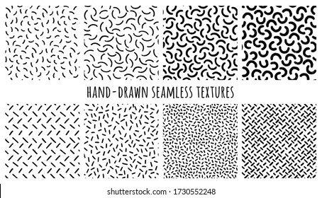 Set of hand-drawn seamless black and white textures with Memphis semicircles and uneven strokes. Vector patterns.