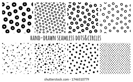 Satz von handgezeichneten, nahtlosen schwarz-weißen Texturen mit Punkten und Kreisen. Vektorwiederholmuster