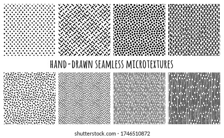 Set of hand-drawn seamless black and white textures with dots, circles, lines and dashed strokes. Vector repeat patterns.