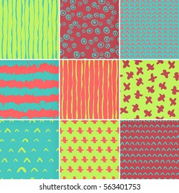 Set of hand-drawn seamless brush strokes patterns. Vector grunge brush strokes backgrounds. Boundless background can be used for web page backgrounds, wallpapers, wrapping papers. Memphis pattern.