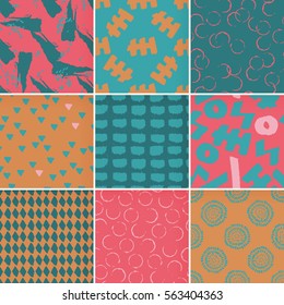 Set of hand-drawn seamless brush strokes patterns. Vector grunge brush strokes backgrounds. Boundless background can be used for web page backgrounds, wallpapers, wrapping papers. Memphis pattern.