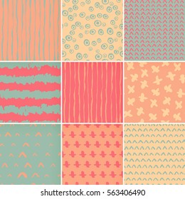 Set of hand-drawn seamless brush strokes patterns. Vector grunge brush strokes backgrounds. Boundless background can be used for web page backgrounds, wallpapers, wrapping papers. Memphis pattern.
