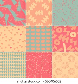 Set of hand-drawn seamless brush strokes patterns. Vector grunge brush strokes backgrounds. Boundless background can be used for web page backgrounds, wallpapers, wrapping papers. Memphis pattern.