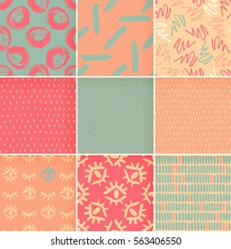 Set of hand-drawn seamless brush strokes patterns. Vector grunge brush strokes backgrounds. Boundless background can be used for web page backgrounds, wallpapers, wrapping papers. Memphis pattern.