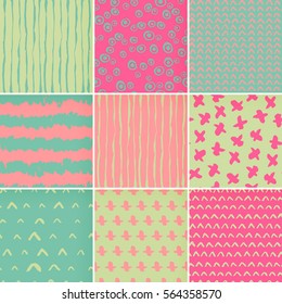 Set of hand-drawn seamless brush strokes patterns. Vector grunge brush strokes backgrounds. Boundless background can be used for web page backgrounds, wallpapers, wrapping papers. Memphis pattern.
