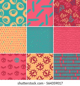 Set of hand-drawn seamless brush strokes patterns. Vector grunge brush strokes backgrounds. Boundless background can be used for web page backgrounds, wallpapers, wrapping papers. Memphis pattern.