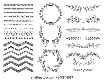 Set of hand-drawn seamless doodle borders. Rustic decorative line borders, tribal decorative elements. For seamless patterns, scrap-booking, invitations, gift and present cards, web or print design