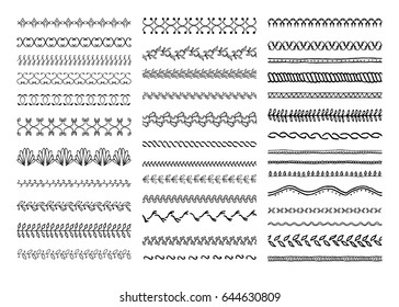 Set of hand-drawn seamless doodle borders. Sketch style vector illustration. Rustic decorative line borders, tribal decorative elements. For seamless patterns, scrap-booking, invitations