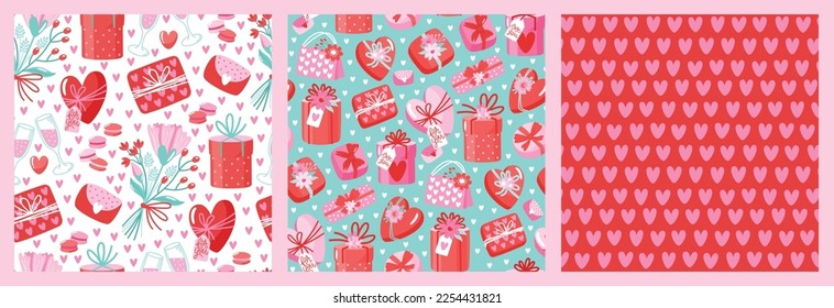 Set of hand-drawn seamless pattern with flowers and hearts. Creative stylish background for Valentine Day. Colorful floral illustration for paper and gift wrap. Fabric print modern design.