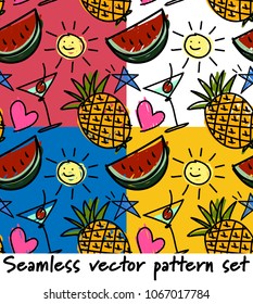 Set of hand-drawn seamless pattern with summer doodles in four background color. Vector illustration.
