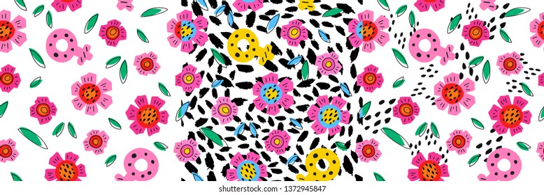 Set of hand-drawn seamless patterns with flowers and imitation of a leopard print and snake skin. The stains made by ink and brush. For fabrics, textiles, covers and background. Vector illustration