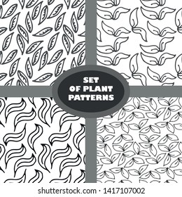 set of hand-drawn seamless patterns with leaves. Black and white vector illustration.