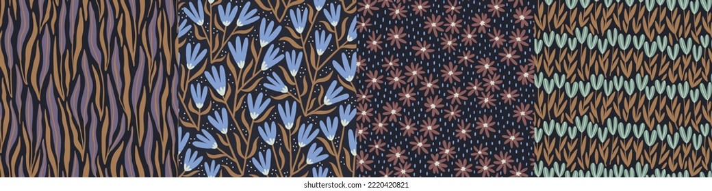 Set of hand-drawn seamless patterns with stylized wildflowers. Colorful floral illustrations for paper and gift wrap. Fabric print textured design. Creative stylish meadow background.