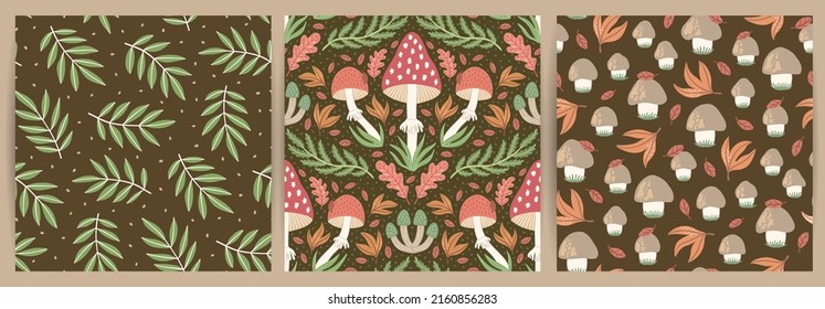 Set of hand-drawn seamless patterns with wild mushrooms and autumn leaves. Colorful seasonal illustration for paper and gift wrap. Fabric print design. Creative stylish background.