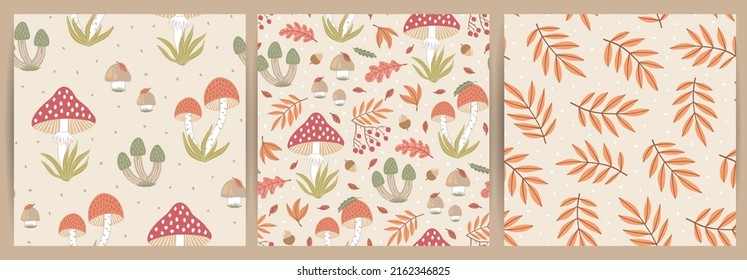 Set of hand-drawn seamless patterns with wild mushrooms and autumn leaves. Colorful seasonal illustration for paper and gift wrap. Fabric print design. Creative stylish background.