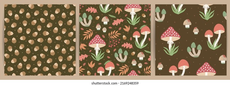Set of hand-drawn seamless patterns with wild mushrooms and autumn leaves. Colorful seasonal illustration for paper and gift wrap. Fabric print design. Creative stylish background.