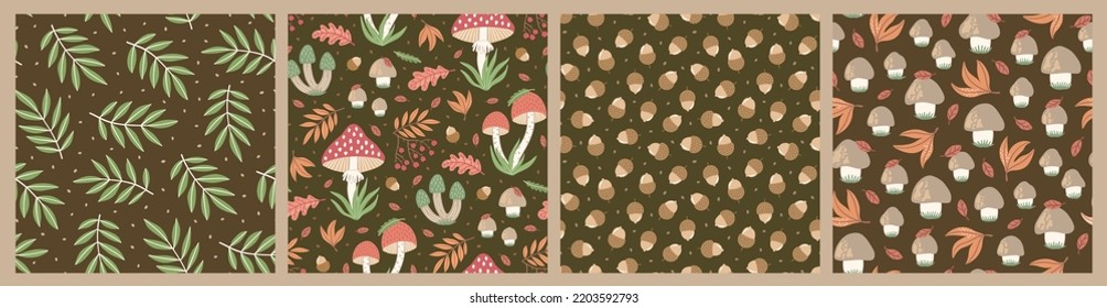 Set of hand-drawn seamless patterns with wild mushrooms and autumn leaves. Colorful seasonal illustration for paper and gift wrap. Fabric print design. Creative stylish background.