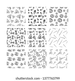 set of hand-drawn seamless textures. black and white vector illustration