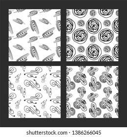 set of hand-drawn seamless textures. black and white vector illustration
