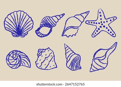 Set of hand-drawn seashells in monochrome blue ink line isolated background.