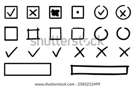 A set of hand-drawn selection elements, check marks, crosses. Option column, check the box next to it, make a choice, refuse. Black linear set.