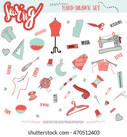 Set of handdrawn sewing items. Sewing machine, scissors, leather tag, mannequin, needle, buttons, zipper, fabric.