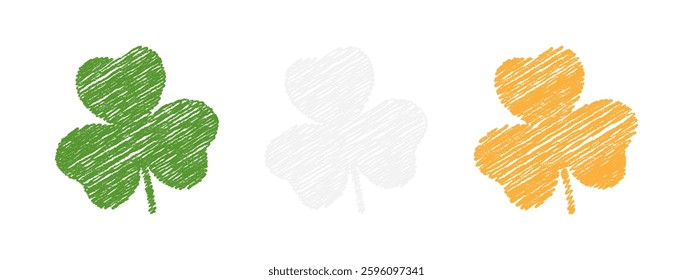 Set of hand-drawn shamrocks in Irish flag colors