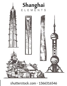 Conjunto de elementos de los edificios de Shanghái dibujados a mano esbozan la ilustración vectorial. Torres Oriental Pearl, Shanghai y Jin Mao, Templos Jingansi.