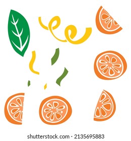 Set of hand-drawn silhouette orange slises, leaves and confetti clip art
