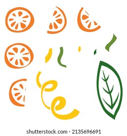 Set of hand-drawn silhouette orange slises, leaves and confetti clip art