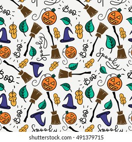 Set of handdrawn silhouette stickers for Halloween party. Funny vector illustrations. Seamless pattern.