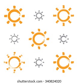 Set of hand-drawn simple vector sun icons, collection of brush drawing meteorology signs, original hand-painted weather forecast symbols isolated on white background.