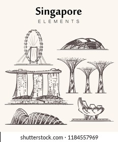 Set of hand-drawn Singapore buildings sketch vector illustration.Marina Bay Sands hotel,Gardens by the Bay,Singapore Flyer,museum of art and science and National Stadium.