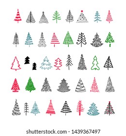 Set hand-drawn sketch Christmas and New Year tree. Vector illustration