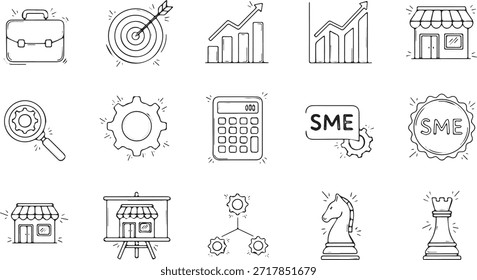A set of hand-drawn sketch icons representing various business and finance concepts including charts, targets, shops, and chess pieces.