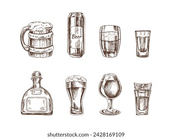 Un conjunto de bocetos hechos a mano de bebidas alcohólicas. Ilustración vectorial en estilo vintage. Bebidas. Bueno para el menú.	