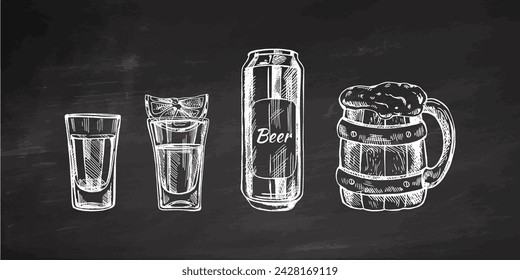 A set of hand-drawn sketches of alcohol drinks on chalkboard background. Vector illustration in vintage style. Beverages. Good for the menu.