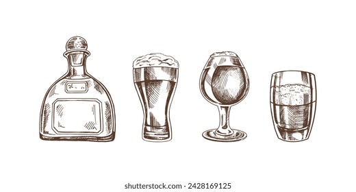 A set of hand-drawn sketches of alcohol drinks. Vector illustration in vintage style. Beverages. Good for the menu.	