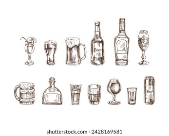 A set of hand-drawn sketches of alcohol drinks. Vector illustration in vintage style. Beverages. Good for the menu.	