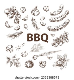 A set of hand-drawn sketches of barbecue elements. For the design of the menu of restaurants and cafes, grilled food. Doodle vintage illustration. Engraved image.