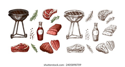 A set of hand-drawn sketches of barbecue elements. For the design of the menu of restaurants and cafes, grilled food. Doodle vintage illustration. Engraved image.